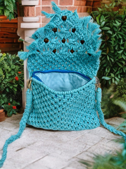 Handmade Macramé Sling Bag with Flap & Beads
