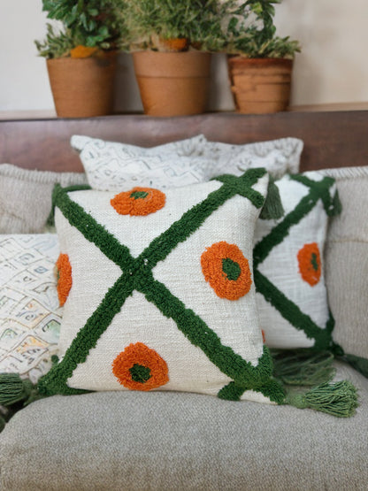 Orange Tufted Cushion Cover | 16"x16" | Slub Cotton with Tassel