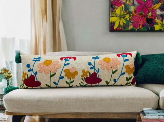 Floral Embroidered Lumbar Cushion Cover | 12"x36" | Cotton