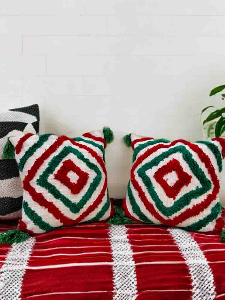 Multicolor Tufted Cushion Cover | 16x16" | Slub Cotton with Tassels