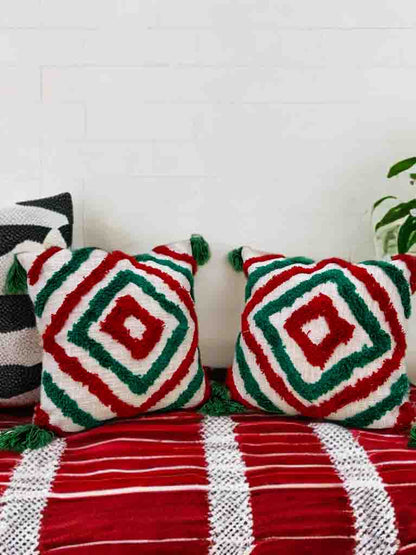 Multicolor Tufted Cushion Cover | 16x16" | Slub Cotton with Tassels