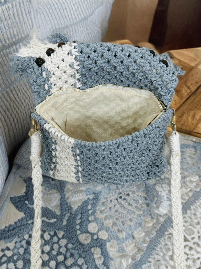 Trendy Grey Macramé Purse – Boho Beaded Sling Bag
