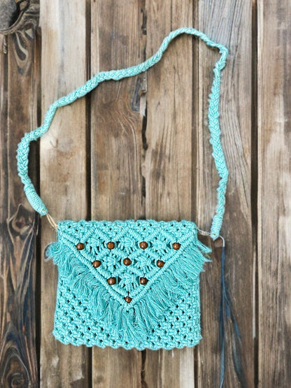 Handmade Macramé Sling Bag with Flap & Beads