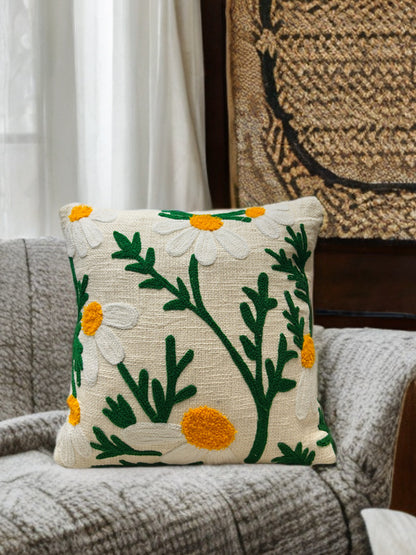 Embroidered Cushion Cover | Slub Cotton, Thread Work (16"x16")