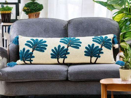 Blue Embroidered Lumbar Cushion Cover | 12"x36" | Cotton