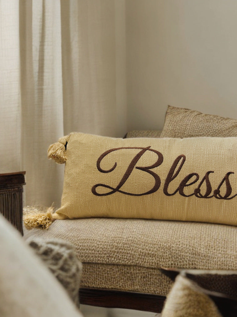 Embroidered Blessed Lumbar Cushion Cover | 14"x36" | Cotton