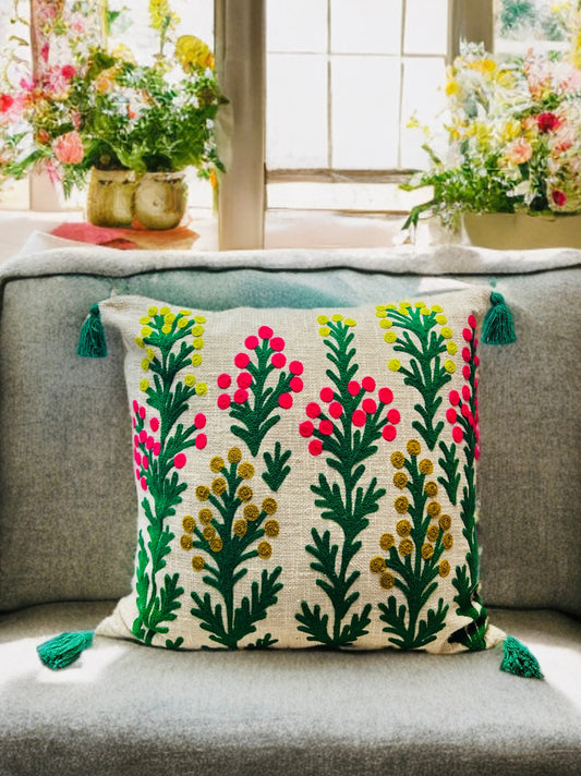 Embroidered Cushion Cover | Slub Cotton, 24x24 Inches