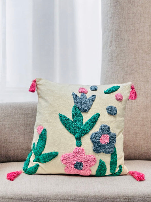 Floral Knotted Embroidered Cushion Cover | Slub Cotton, 24x24 Inches