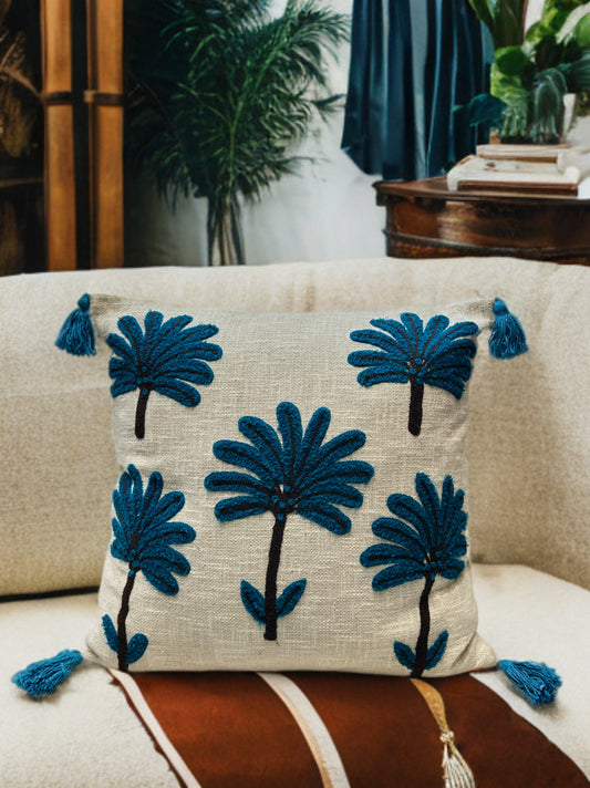 Blue Palm Embroidered Cushion Cover | Slub Cotton, 24x24 Inches
