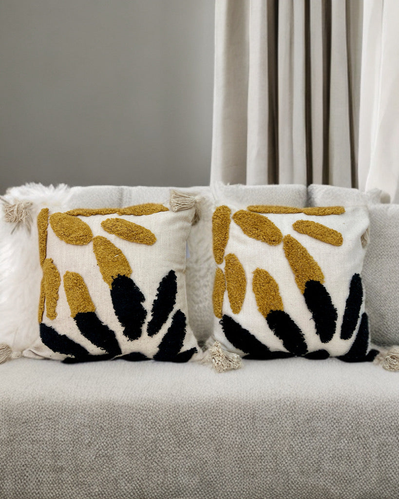 Yellow & Black Tufted Cushion Cover | 16"x16" | Slub Cotton with Tassels