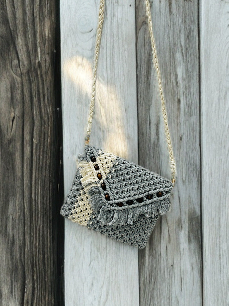 Trendy Grey Macramé Purse – Boho Beaded Sling Bag