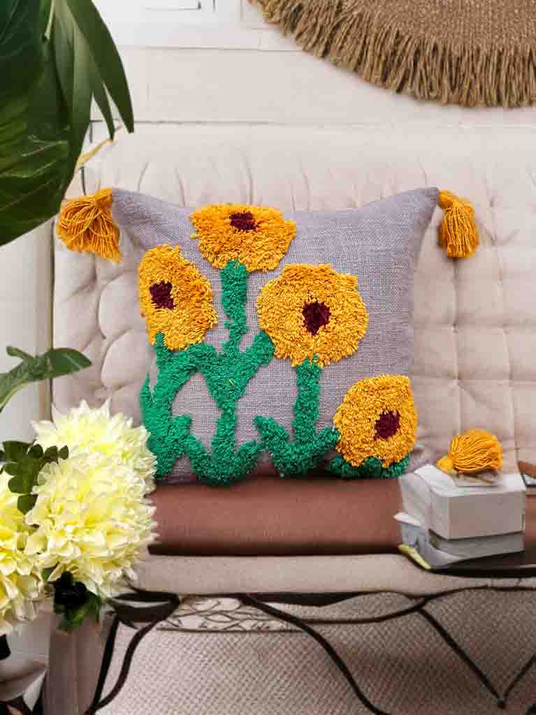 Sunflower Tufted Cushion Cover | Grey & Yellow, Slub Cotton, 16x16"