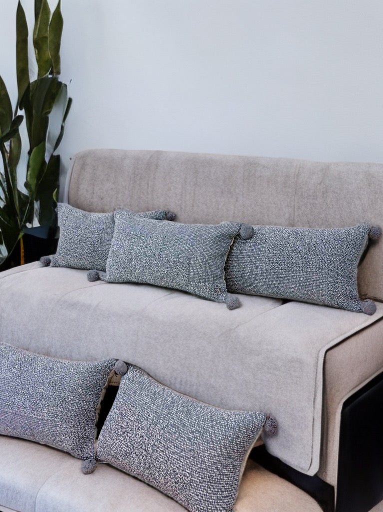 Grey Lumbar Cushion Cover | 12x18" Cotton Pillow Cover with Tassels