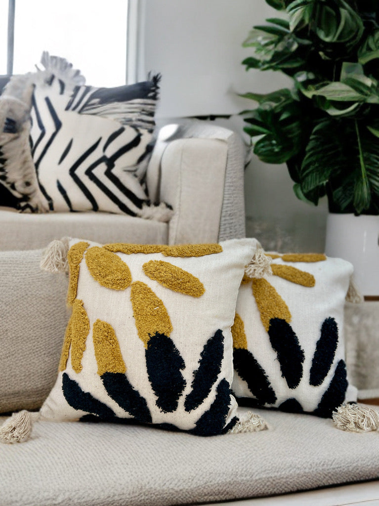 Yellow & Black Tufted Cushion Cover | 16"x16" | Slub Cotton with Tassels
