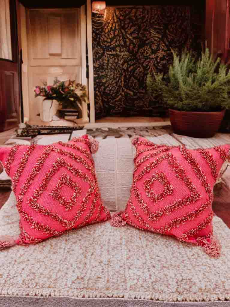 Pink Tufted Cushion Cover | 16x16" | Slub Cotton with Tassels