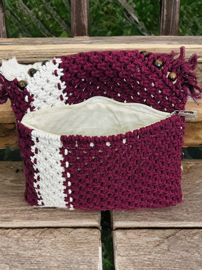 Boho Chic Macramé Sling Bag – Maroon with Beads & Flap