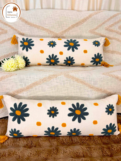 Embroidered Lumbar Cushion Cover – Grey Floral Design, 34x12 Inches
