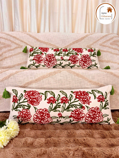 Floral Symphony Embroidered Lumbar Cushion Cover | 34x12" | Cotton