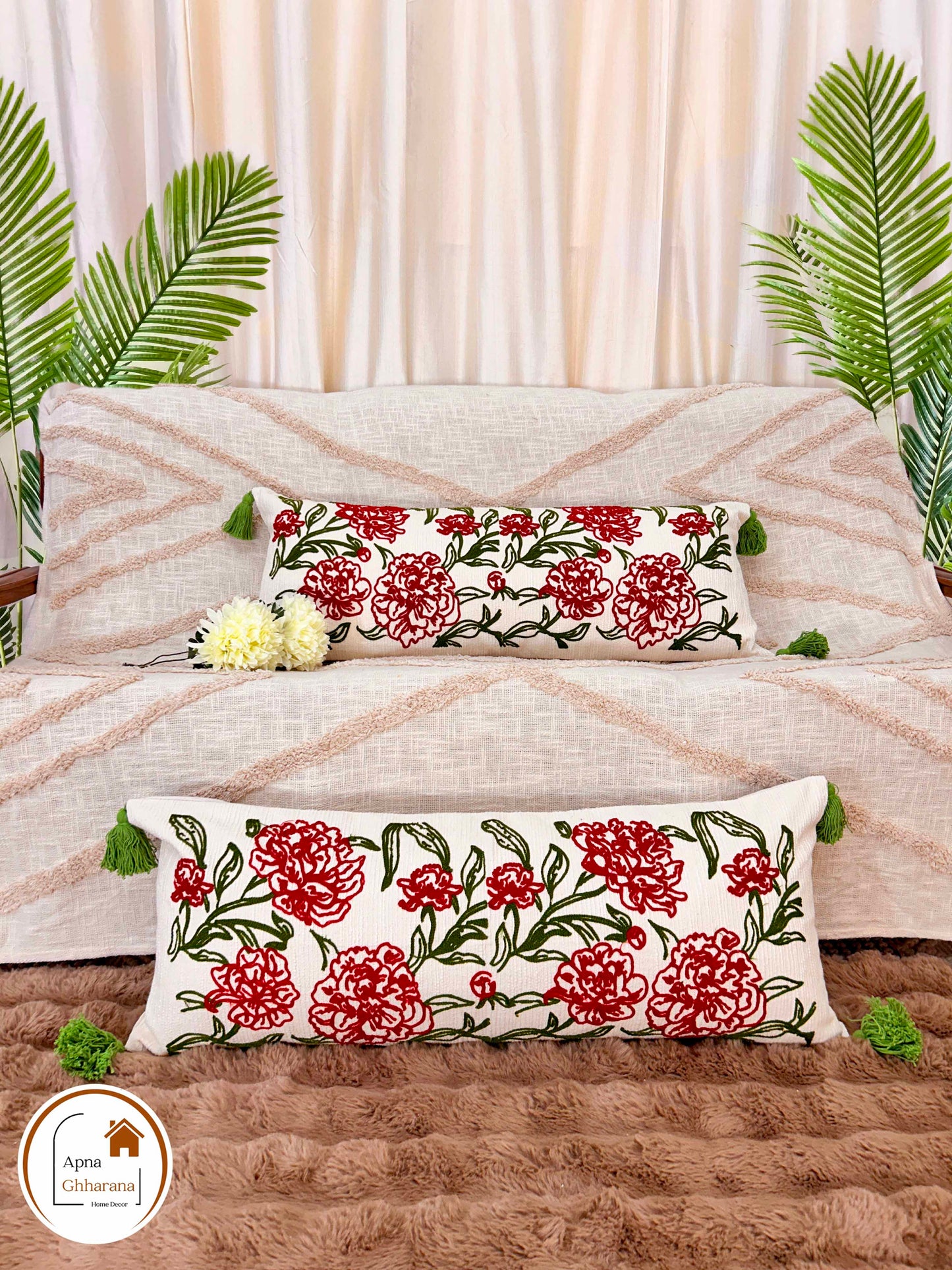 Floral Symphony Embroidered Lumbar Cushion Cover | 34x12" | Cotton