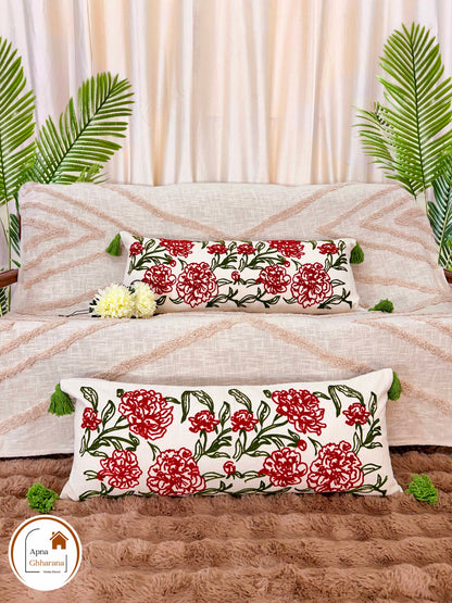 Floral Symphony Embroidered Lumbar Cushion Cover | 34x12" | Cotton