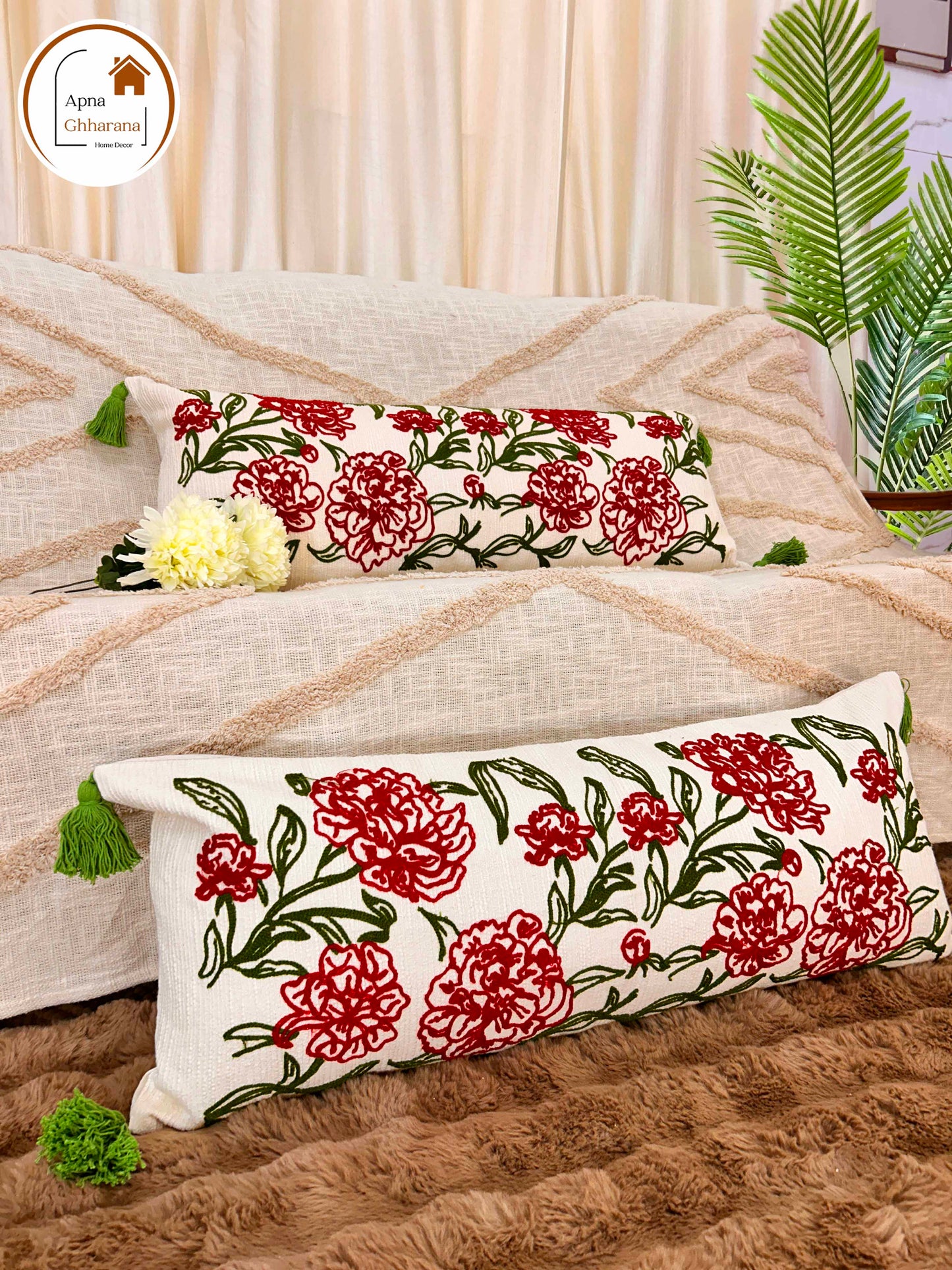 Floral Symphony Embroidered Lumbar Cushion Cover | 34x12" | Cotton