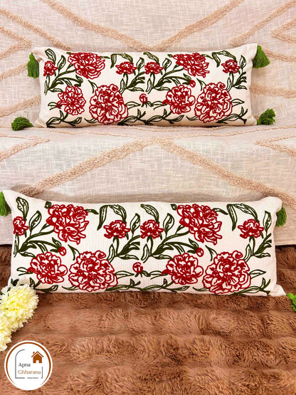 Floral Symphony Embroidered Lumbar Cushion Cover | 34x12" | Cotton