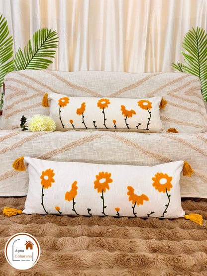 Premium Yellow Embroidered Lumbar Cushion Cover | Cotton | 34x12"