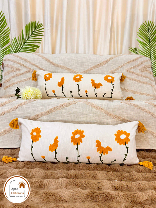 Premium Yellow Embroidered Lumbar Cushion Cover | Cotton | 34x12"