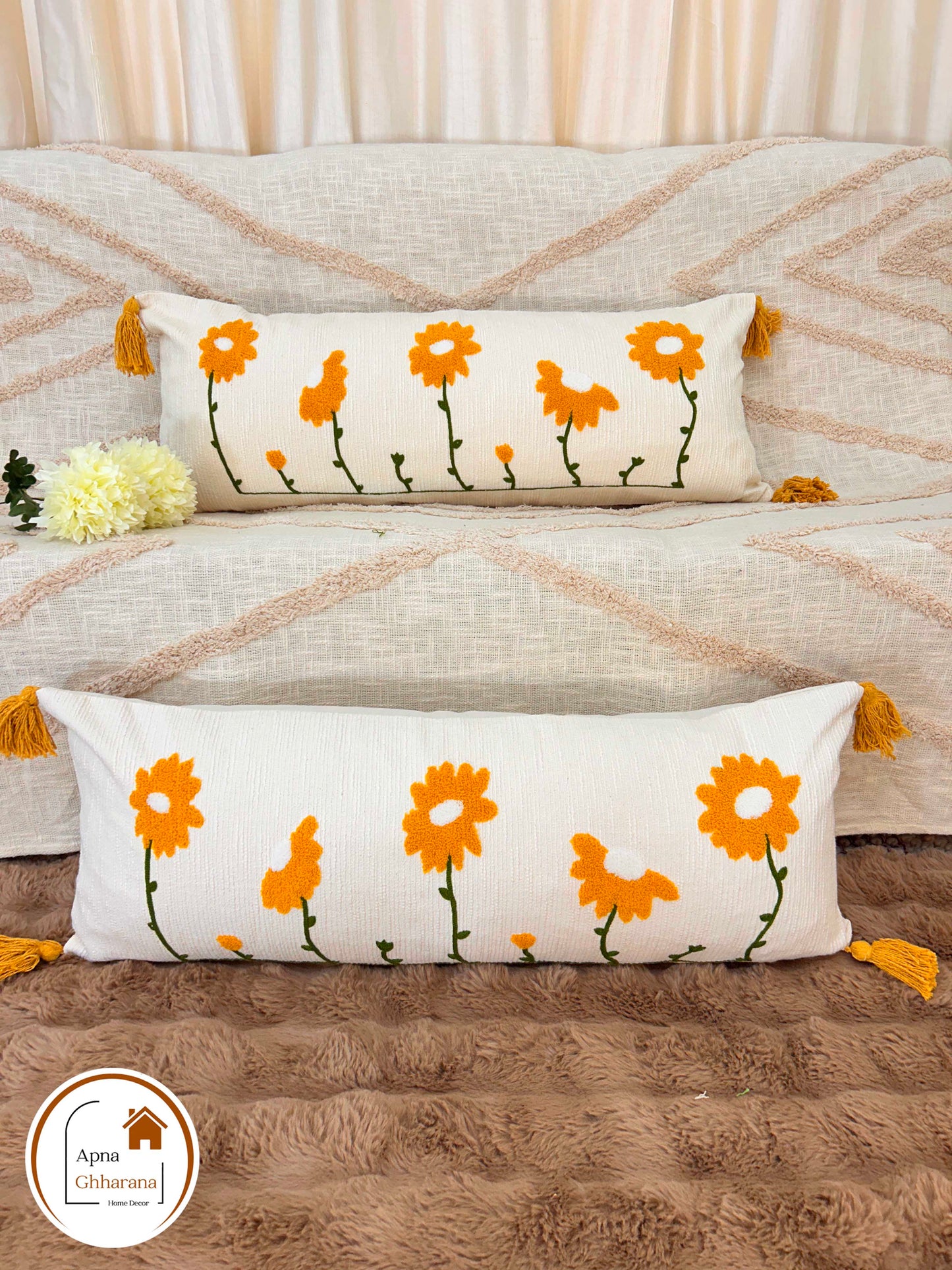 Premium Yellow Embroidered Lumbar Cushion Cover | Cotton | 34x12"