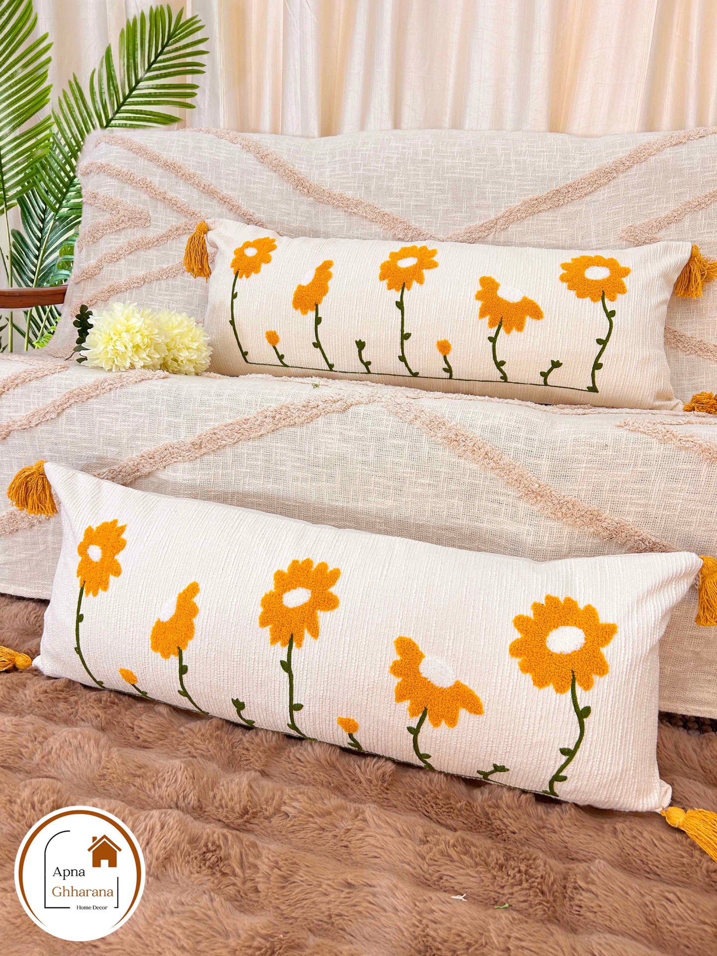 Premium Yellow Embroidered Lumbar Cushion Cover | Cotton | 34x12"