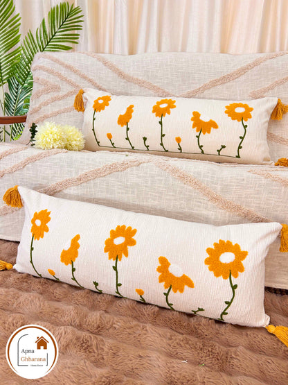 Premium Yellow Embroidered Lumbar Cushion Cover | Cotton | 34x12"