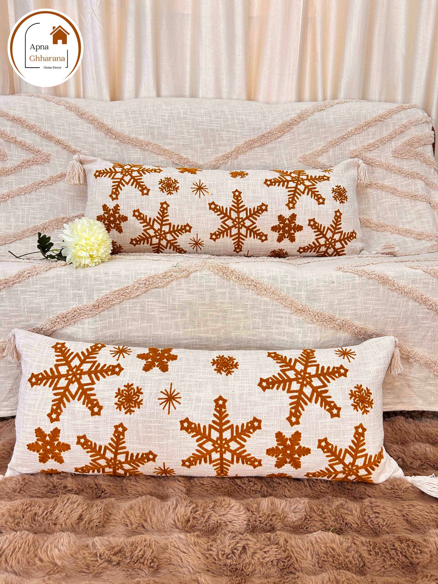 Embroidered Lumbar Cushion Cover | Yellow Star Design | 34x12