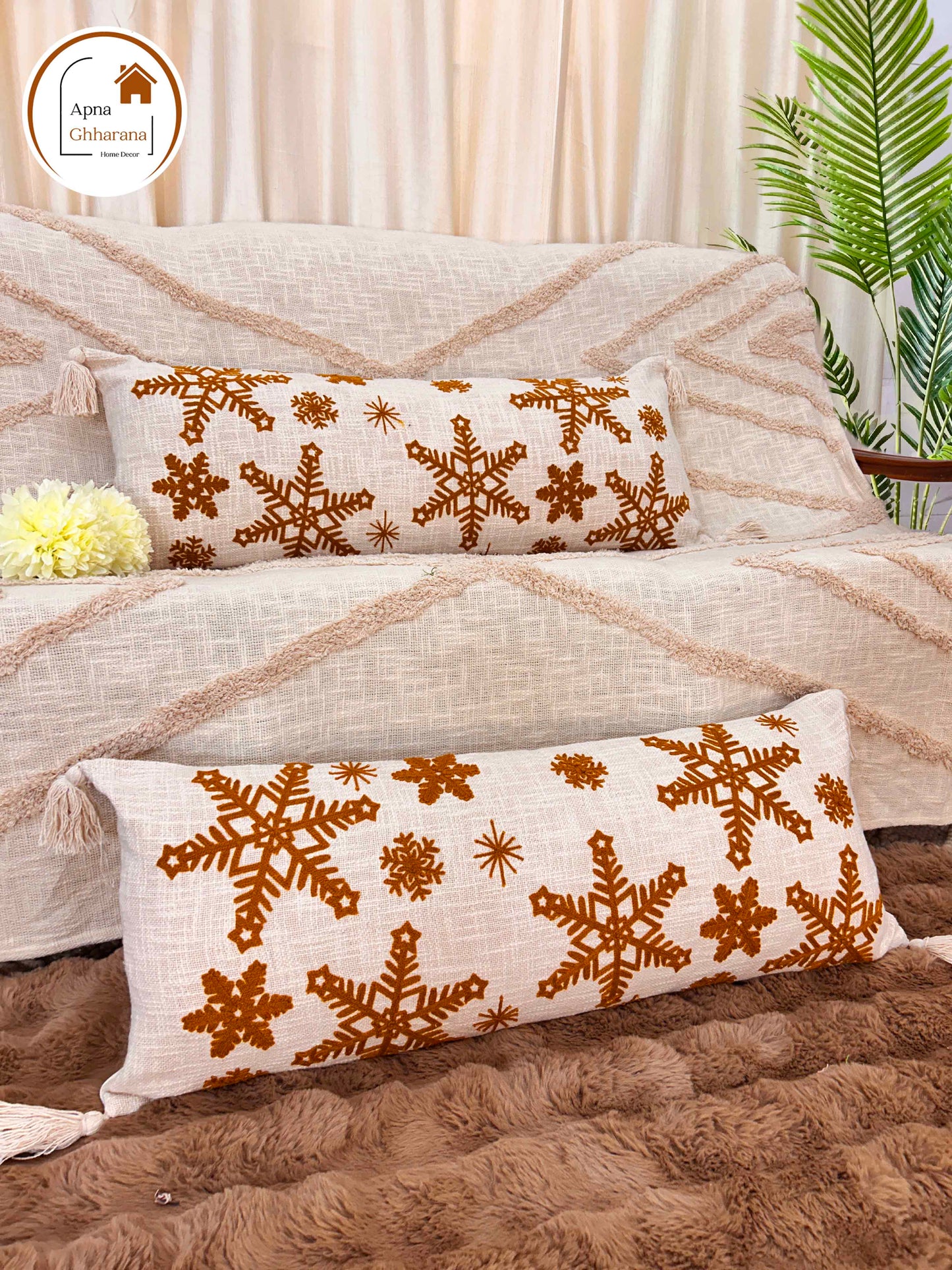 Embroidered Lumbar Cushion Cover | Yellow Star Design | 34x12