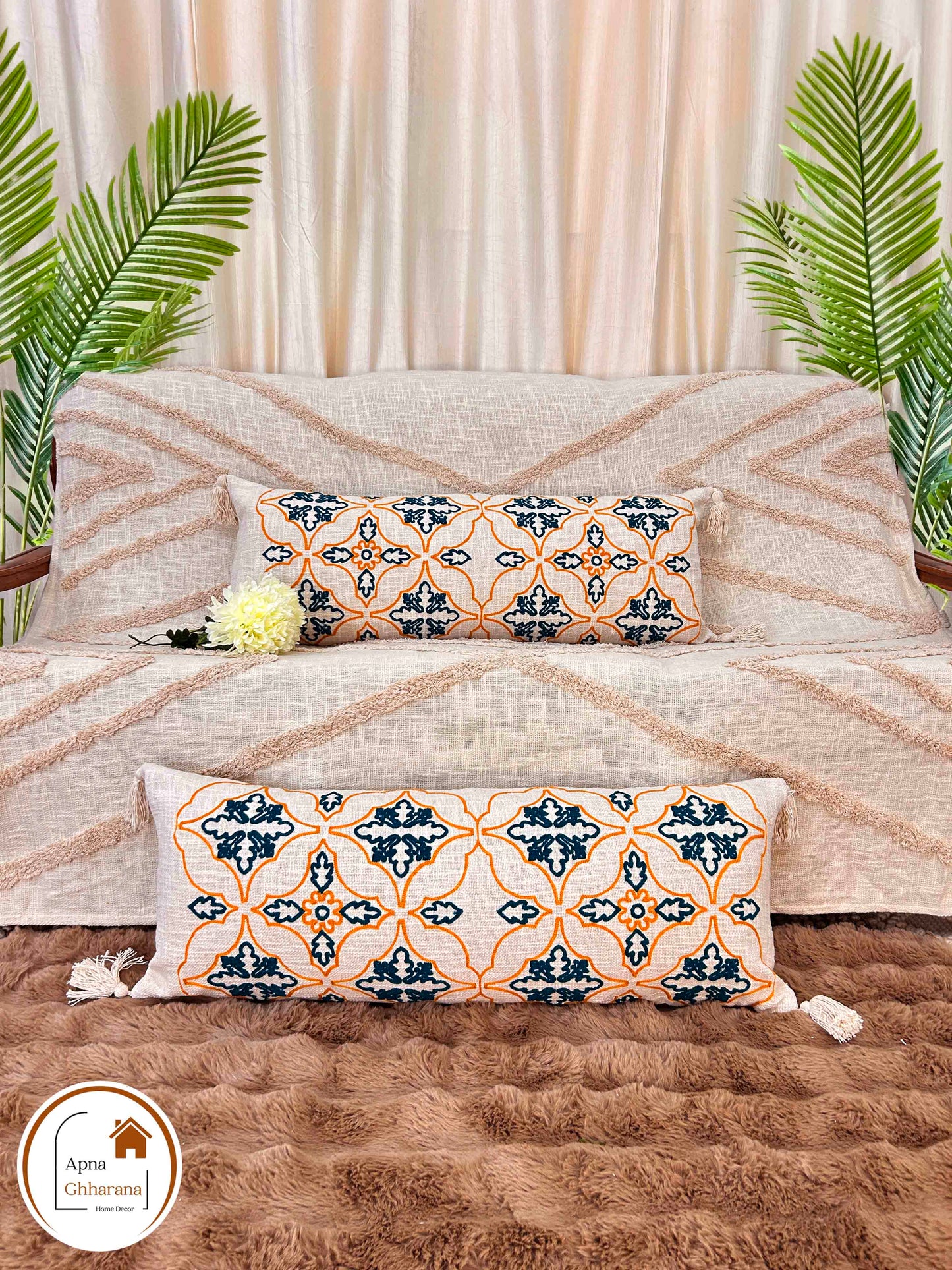 Embroidered Lumbar Cushion Cover | Teal Blue, Slub Cotton, 34x12