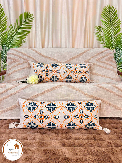 Embroidered Lumbar Cushion Cover | Teal Blue, Slub Cotton, 34x12