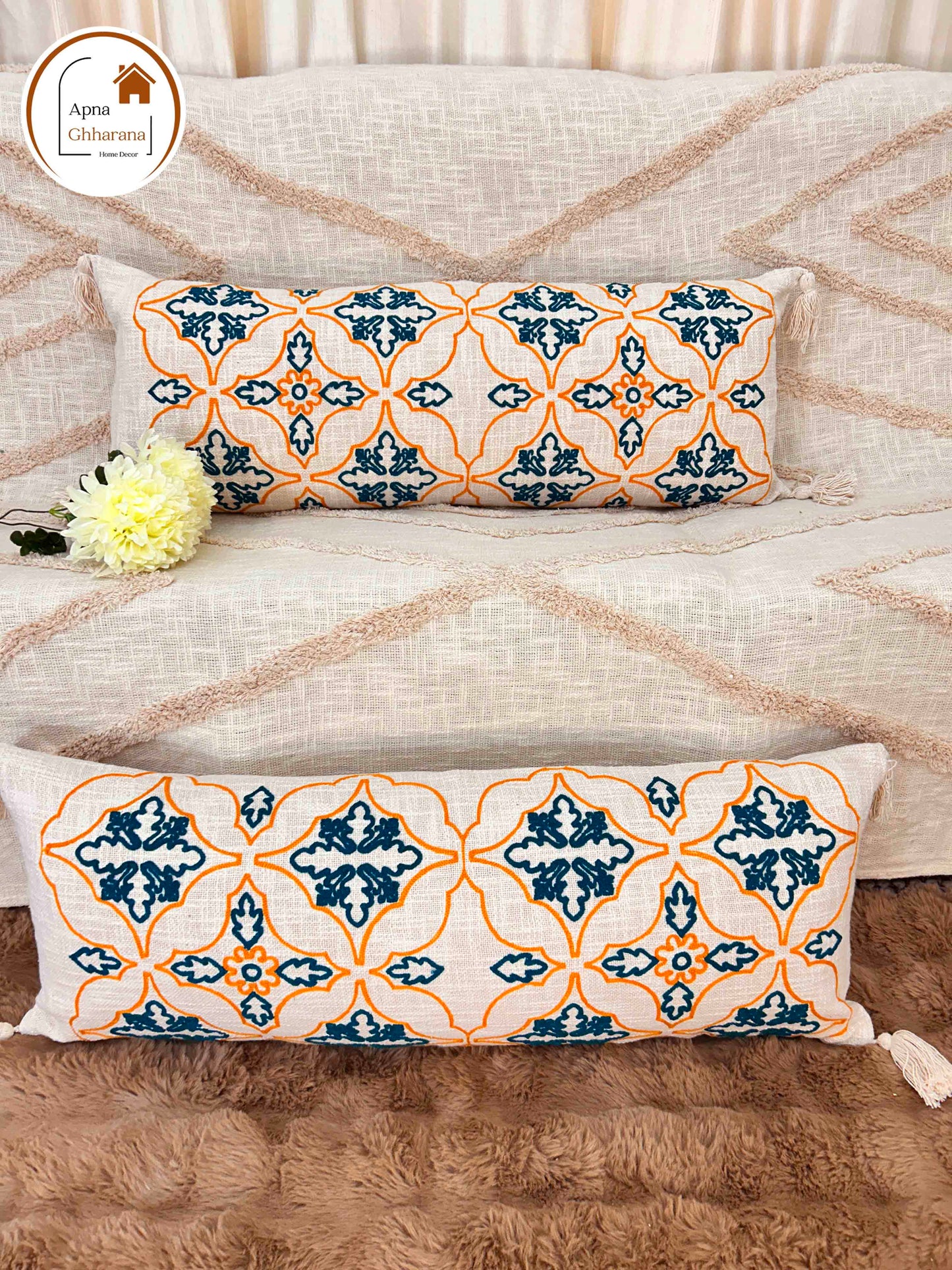 Embroidered Lumbar Cushion Cover | Teal Blue, Slub Cotton, 34x12