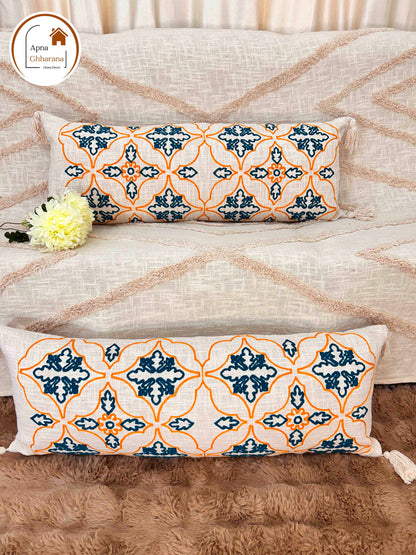 Embroidered Lumbar Cushion Cover | Teal Blue, Slub Cotton, 34x12