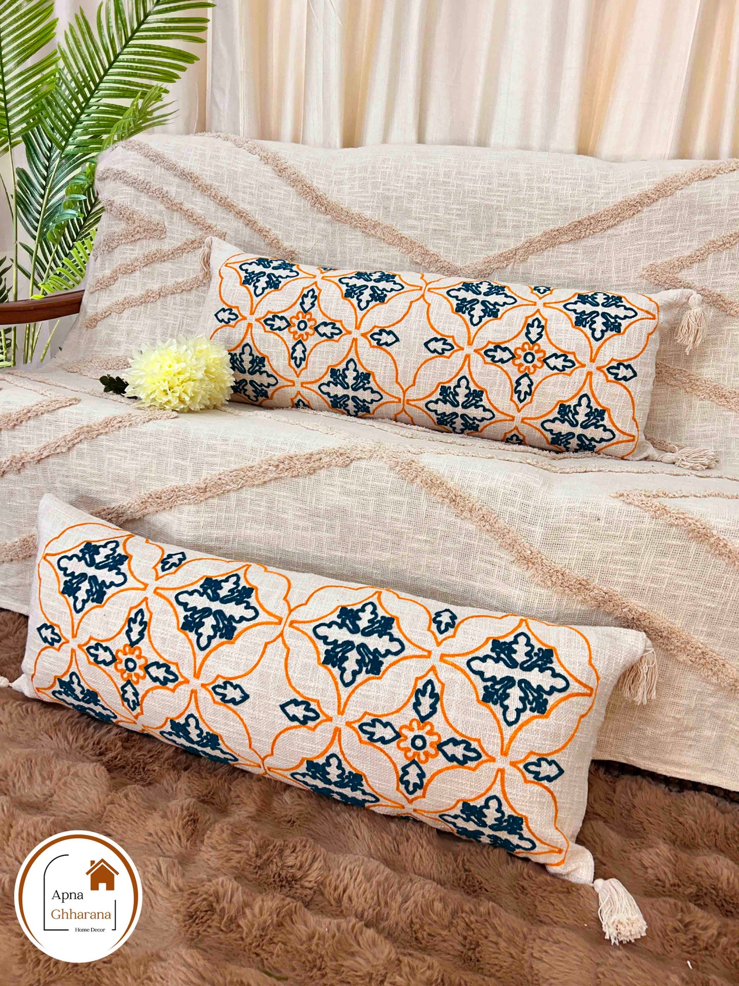 Embroidered Lumbar Cushion Cover | Teal Blue, Slub Cotton, 34x12