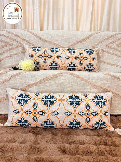 Embroidered Lumbar Cushion Cover | Teal Blue, Slub Cotton, 34x12