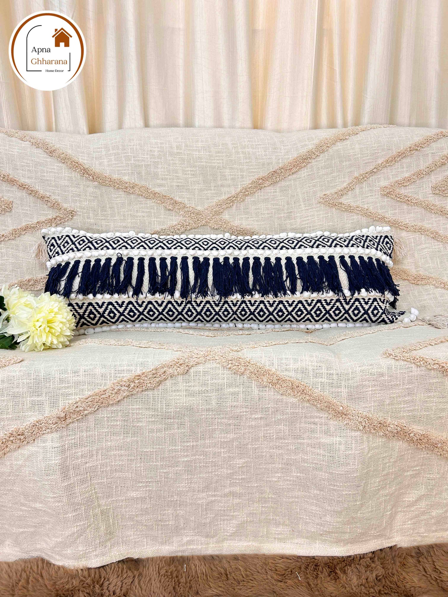 Bohemian Lumbar Cushion Cover | Blue Slub Cotton | 34x12" | Frilled Design