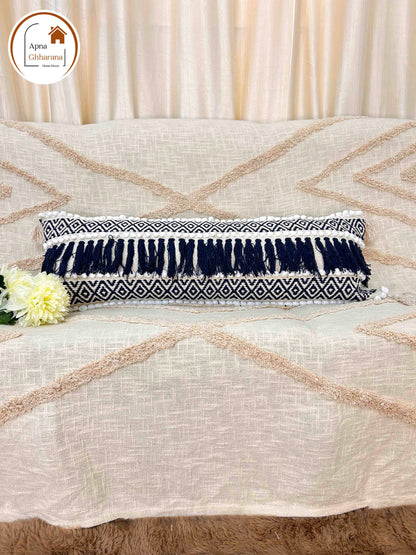 Bohemian Lumbar Cushion Cover | Blue Slub Cotton | 34x12" | Frilled Design