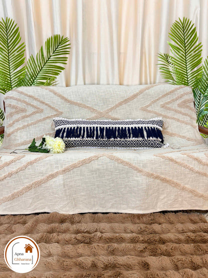 Bohemian Lumbar Cushion Cover | Blue Slub Cotton | 34x12" | Frilled Design