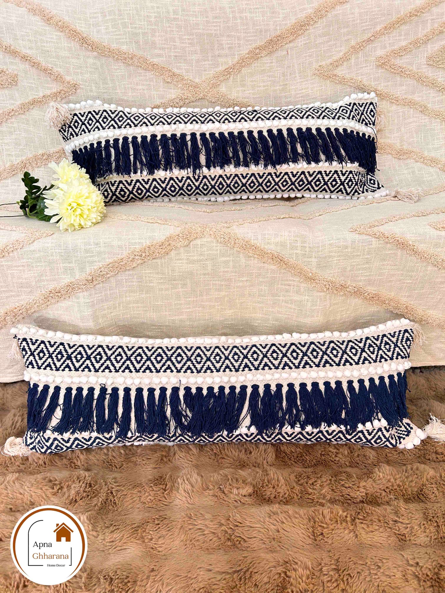 Bohemian Lumbar Cushion Cover | Blue Slub Cotton | 34x12" | Frilled Design