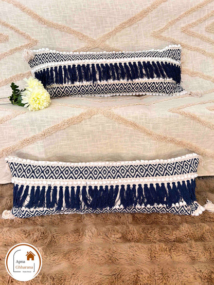 Bohemian Lumbar Cushion Cover | Blue Slub Cotton | 34x12" | Frilled Design