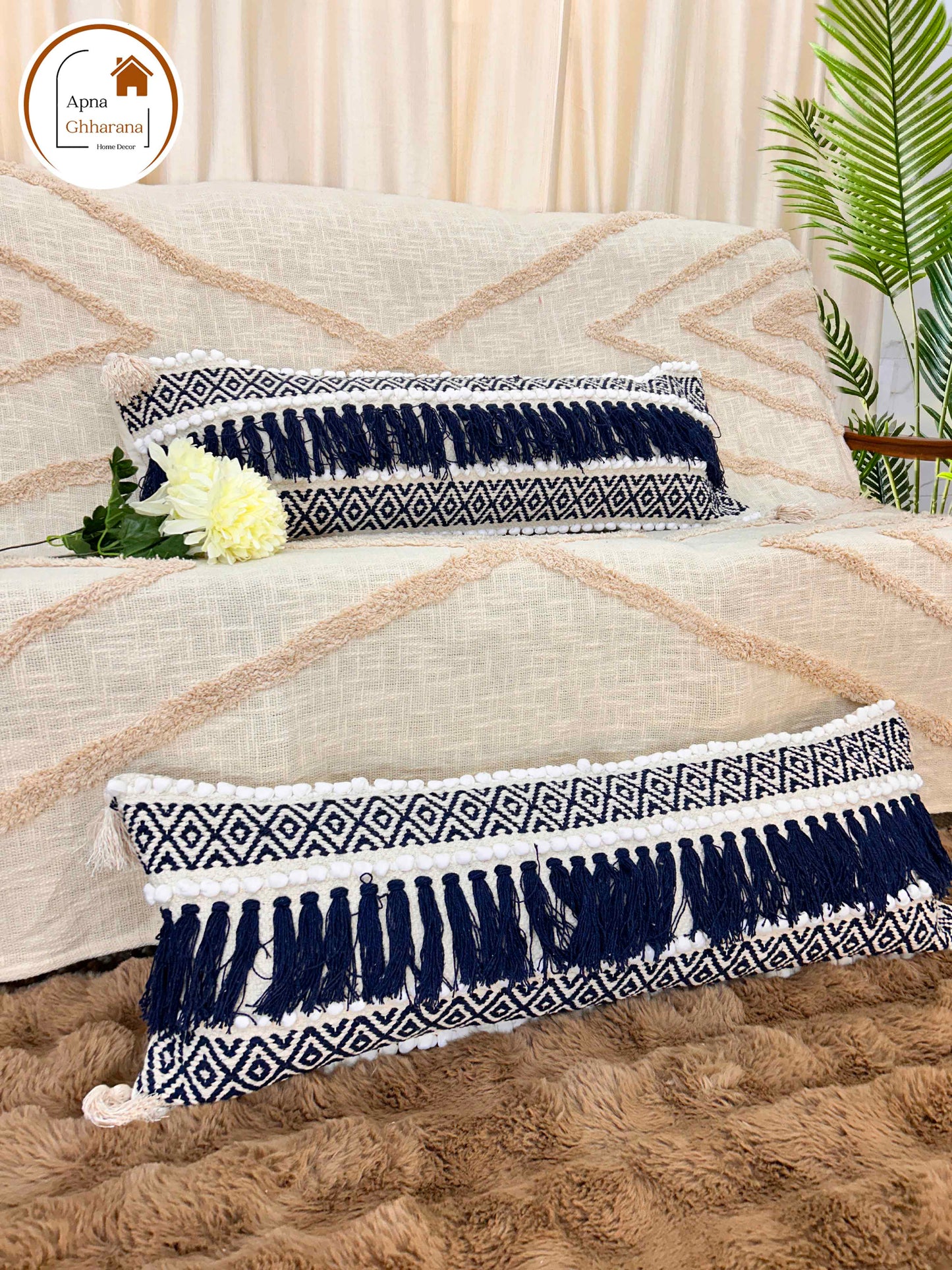 Bohemian Lumbar Cushion Cover | Blue Slub Cotton | 34x12" | Frilled Design