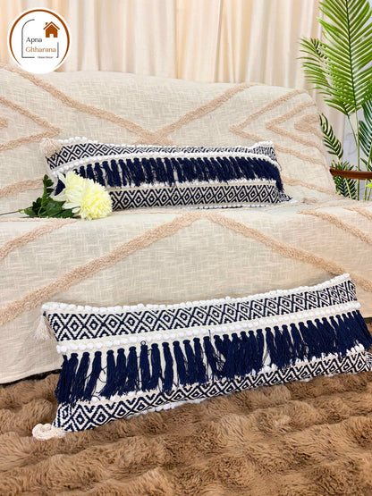 Bohemian Lumbar Cushion Cover | Blue Slub Cotton | 34x12" | Frilled Design