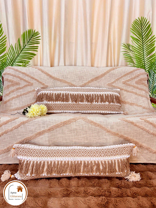 Bohemian Lumbar Cushion Cover | Brown Slub Cotton, 34x12", Frill Design