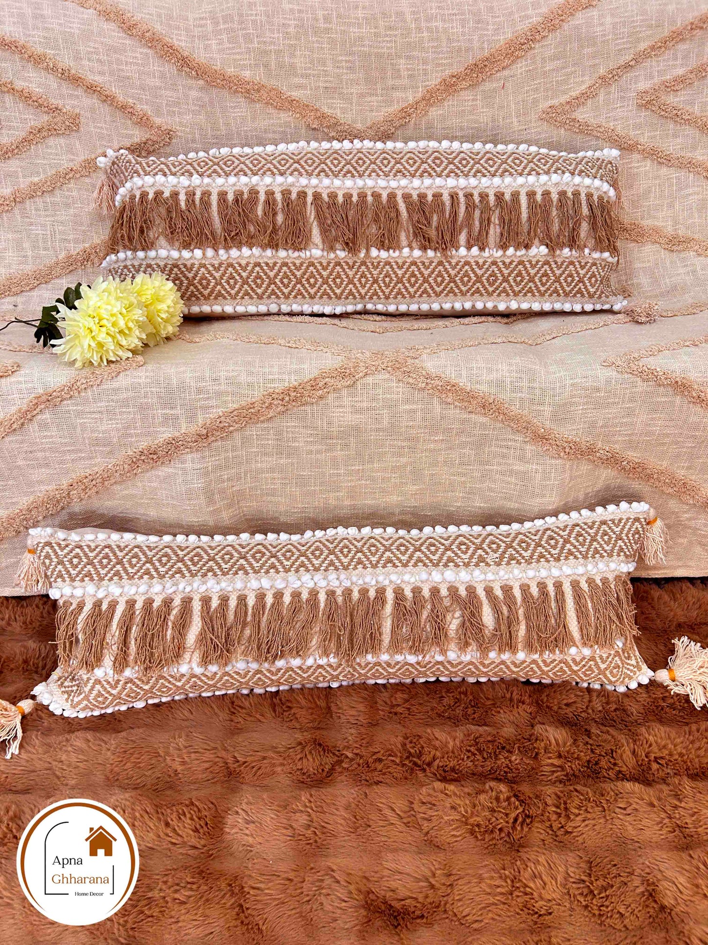 Bohemian Lumbar Cushion Cover | Brown Slub Cotton, 34x12", Frill Design