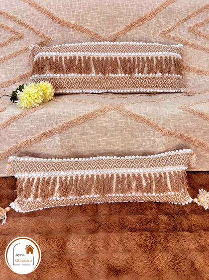 Bohemian Lumbar Cushion Cover | Brown Slub Cotton, 34x12", Frill Design