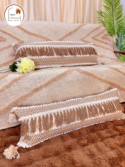 Bohemian Lumbar Cushion Cover | Brown Slub Cotton, 34x12", Frill Design